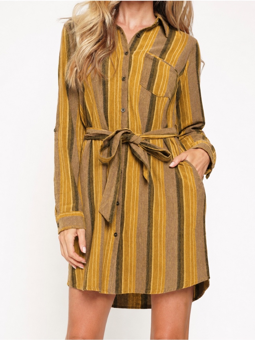 NWT Mystree Mustard Brown Striped Cotton Shirt Dress Belted Boho Fall